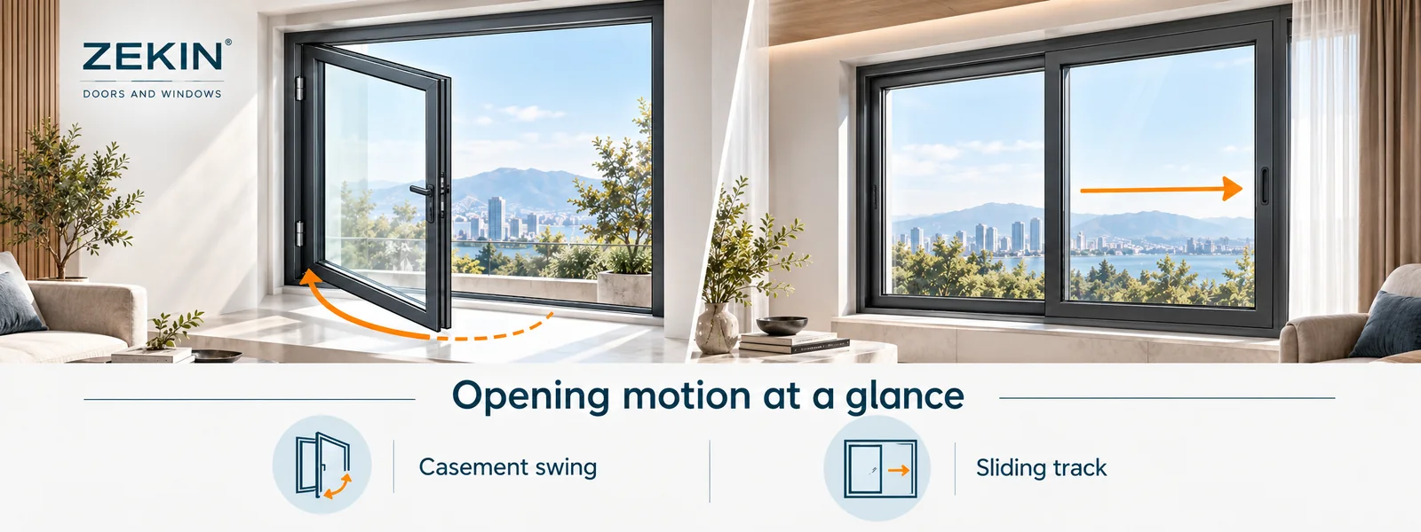 Comparison of casement window swing clearance and sliding window track movement