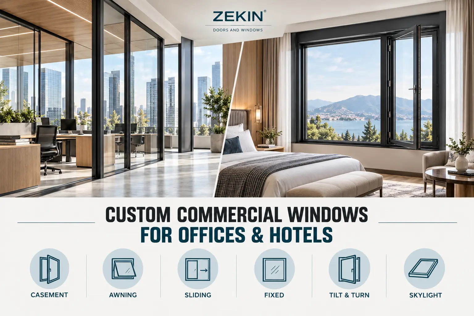 ZEKIN custom commercial aluminum window types for office and hotel projects