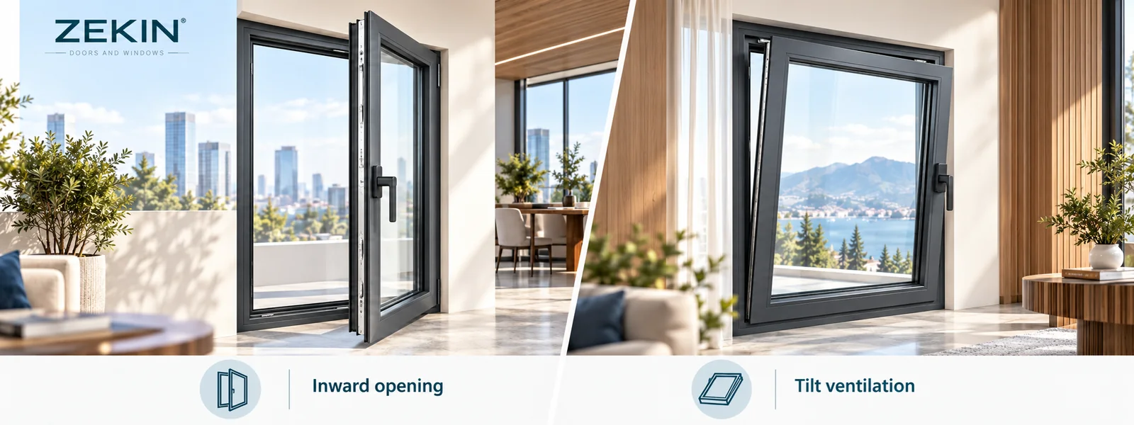 ZEKIN inward-opening casement and tilt-and-turn aluminum window configurations