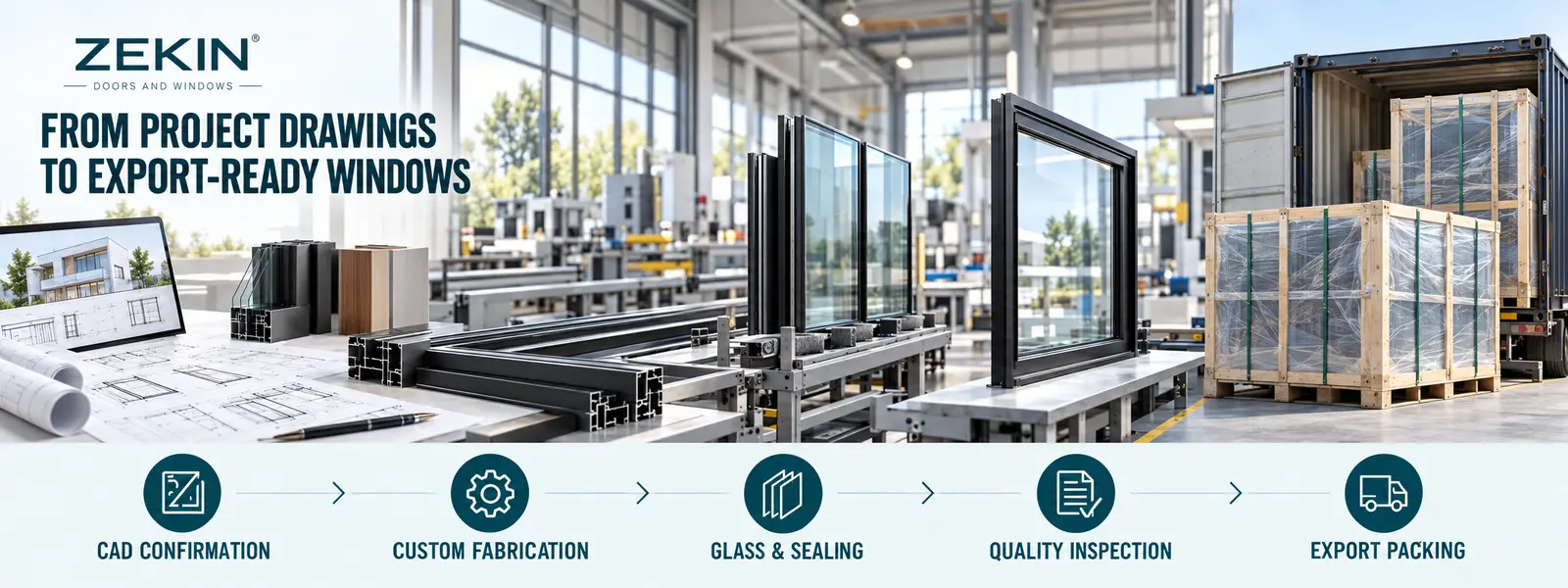 ZEKIN commercial window workflow from CAD confirmation to export packing