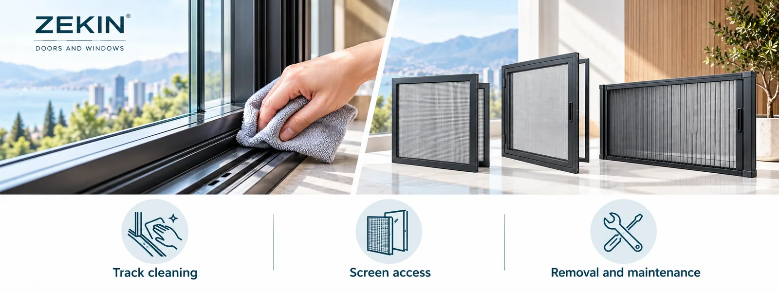 Sliding window track cleaning and ZEKIN window screen options
