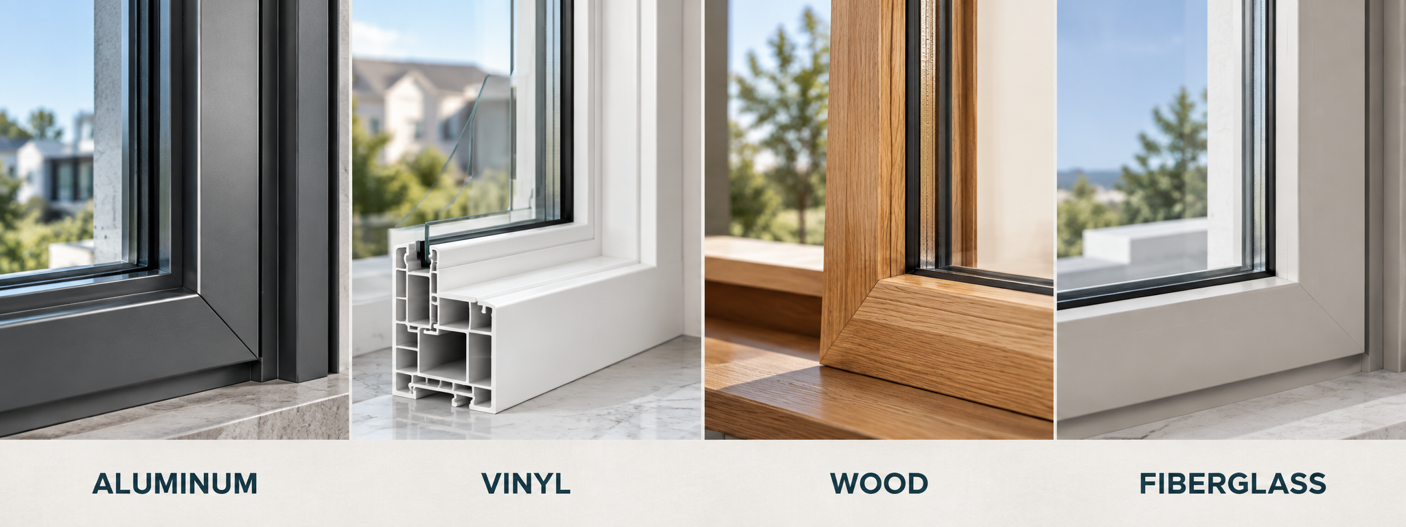 Aluminum, vinyl, wood, and fiberglass window frame materials